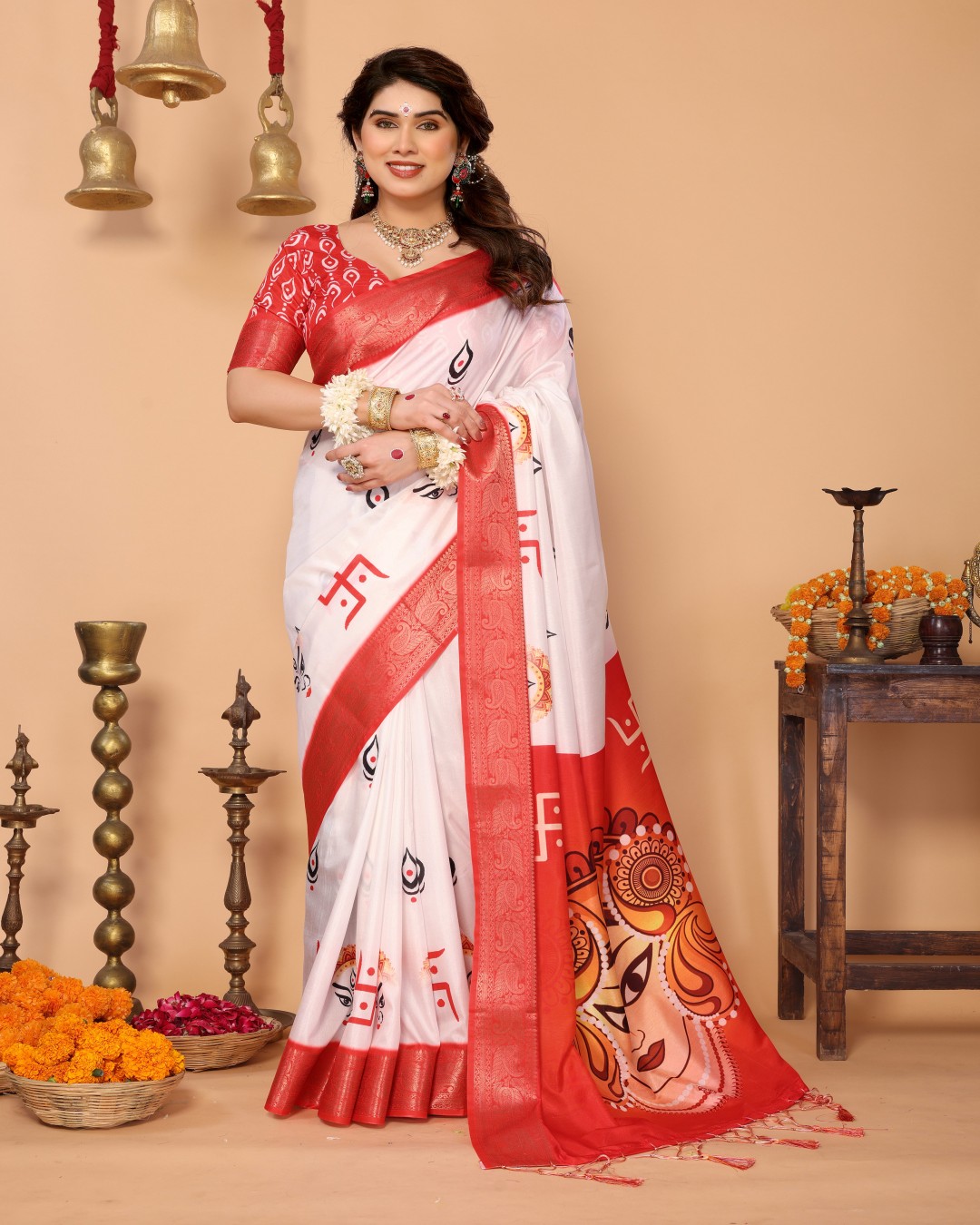 Pure Tussar Silk Saree with Durga Eyes & Devi Face Pallu | Zari Border & Festive Tassels (Pack of 1)