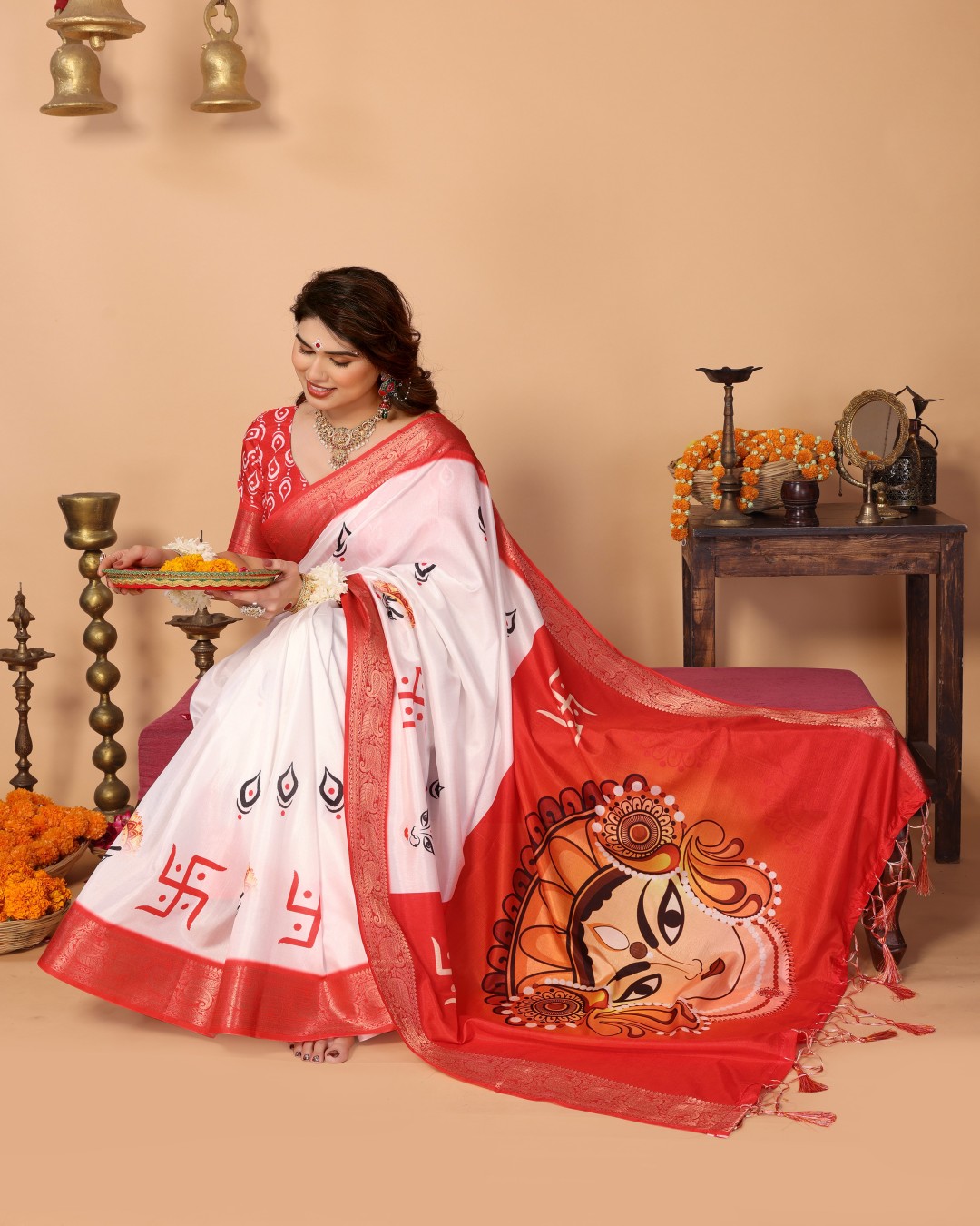 Pure Tussar Silk Saree with Durga Eyes & Devi Face Pallu | Zari Border & Festive Tassels (Pack of 1)