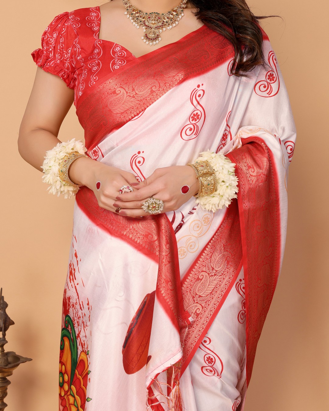 Tussar Silk Saree with Kalighat Devi Artwork, Zari Border & Traditional Tassel Pallu (Pack of 1)