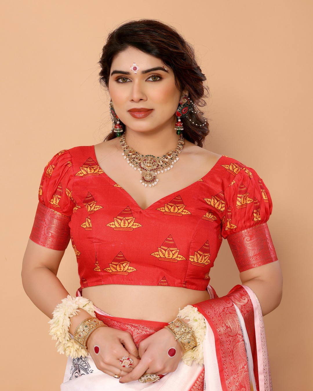 Tussar Silk Saree with Durga Face Print &A Kalash Motifs | Zari Border & Festive Tassels (Pack of 1)