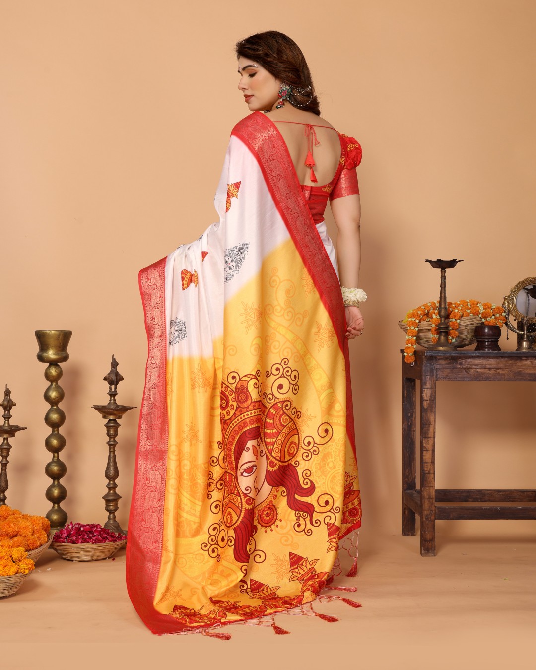 Tussar Silk Saree with Durga Face Print &A Kalash Motifs | Zari Border & Festive Tassels (Pack of 1)