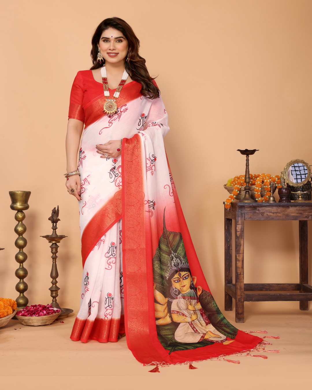 Handloom Linen Saree with Seated Maa Durga Artwork on Lotus Leaf | Zari Border & Spiritual Calligraphy Pallu(Pack of 1)