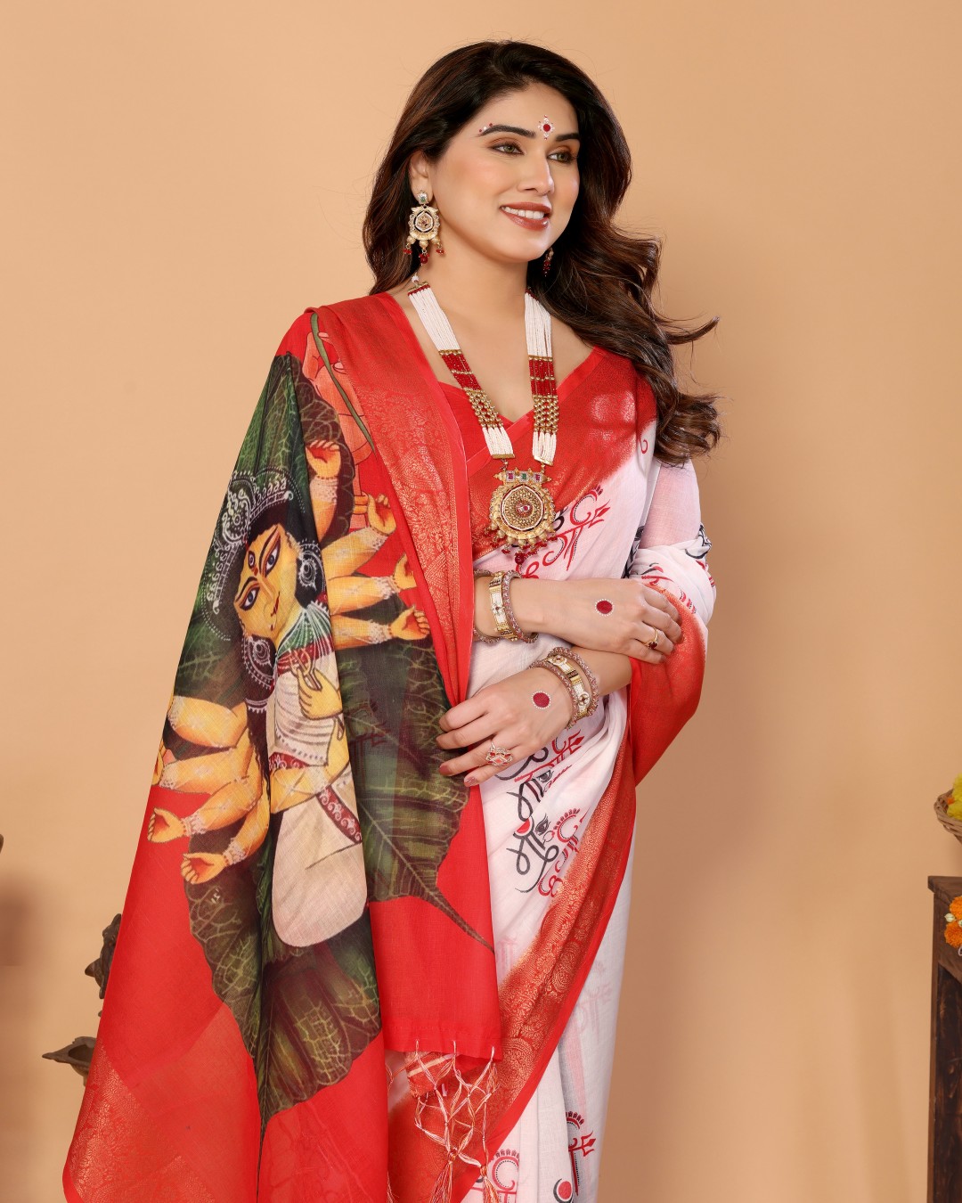 Handloom Linen Saree with Seated Maa Durga Artwork on Lotus Leaf | Zari Border & Spiritual Calligraphy Pallu(Pack of 1)