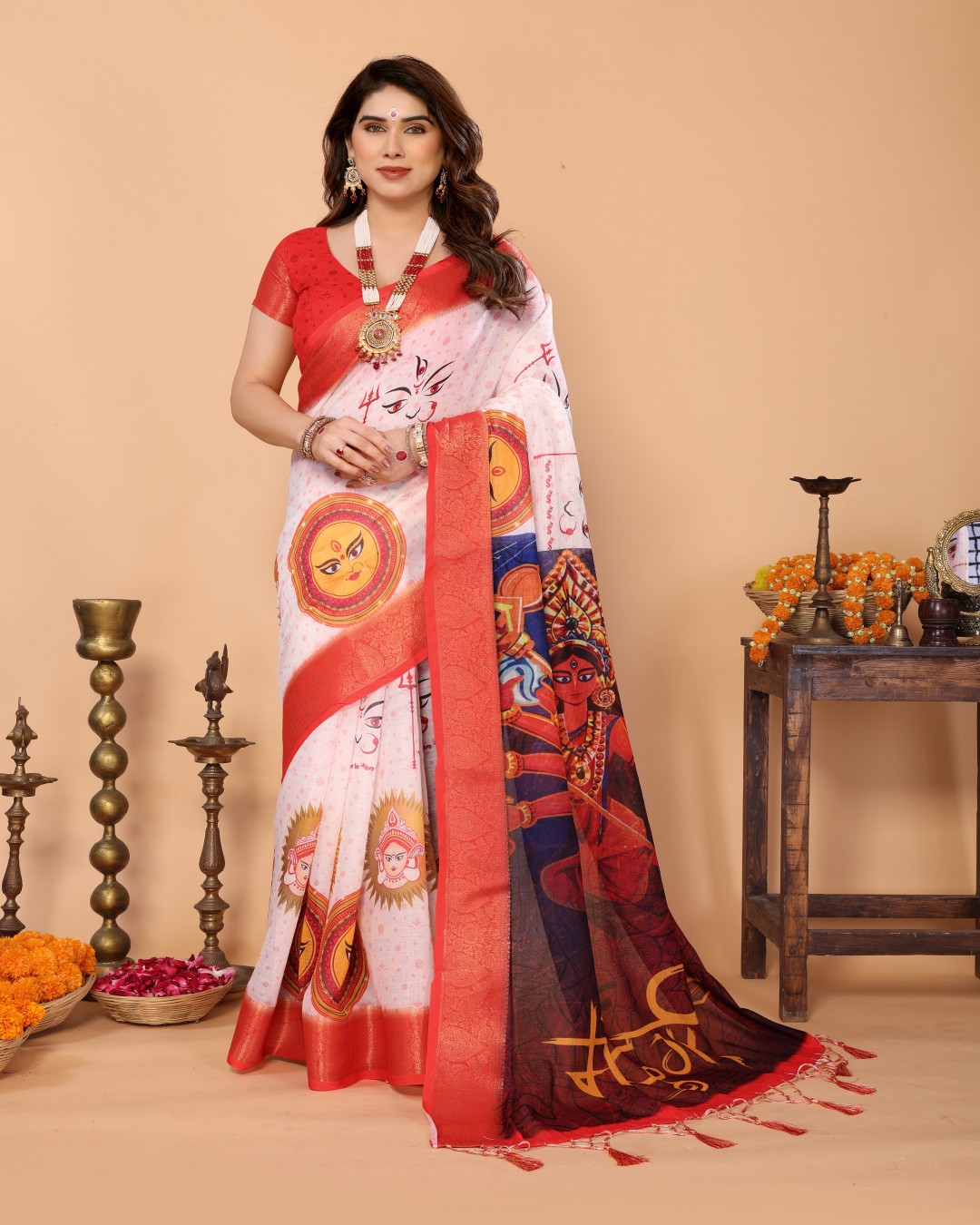 Handloom Linen Saree with Kali Maa Digital Artwork Pallu & Zari Border | Durga Puja Special Drape with Tassels(Pack of 1)