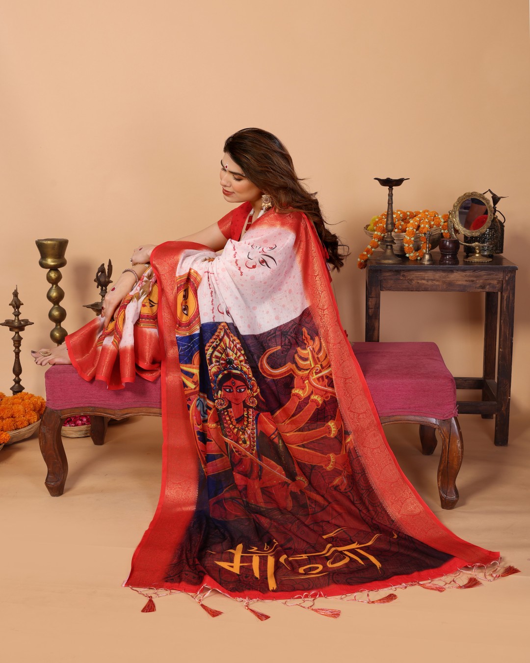 Handloom Linen Saree with Kali Maa Digital Artwork Pallu & Zari Border | Durga Puja Special Drape with Tassels(Pack of 1)