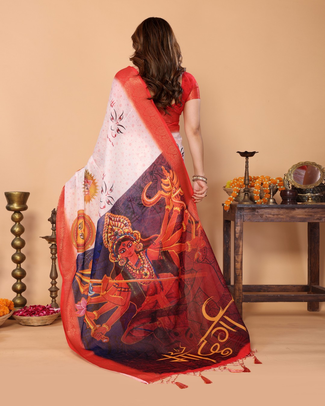 Handloom Linen Saree with Kali Maa Digital Artwork Pallu & Zari Border | Durga Puja Special Drape with Tassels(Pack of 1)