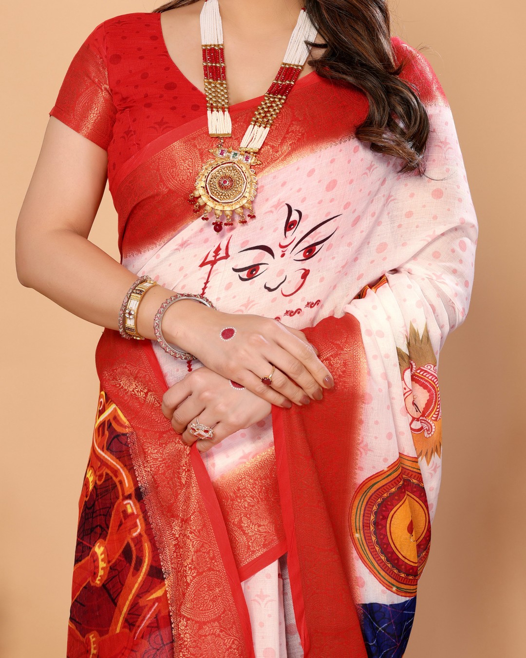 Handloom Linen Saree with Kali Maa Digital Artwork Pallu & Zari Border | Durga Puja Special Drape with Tassels(Pack of 1)