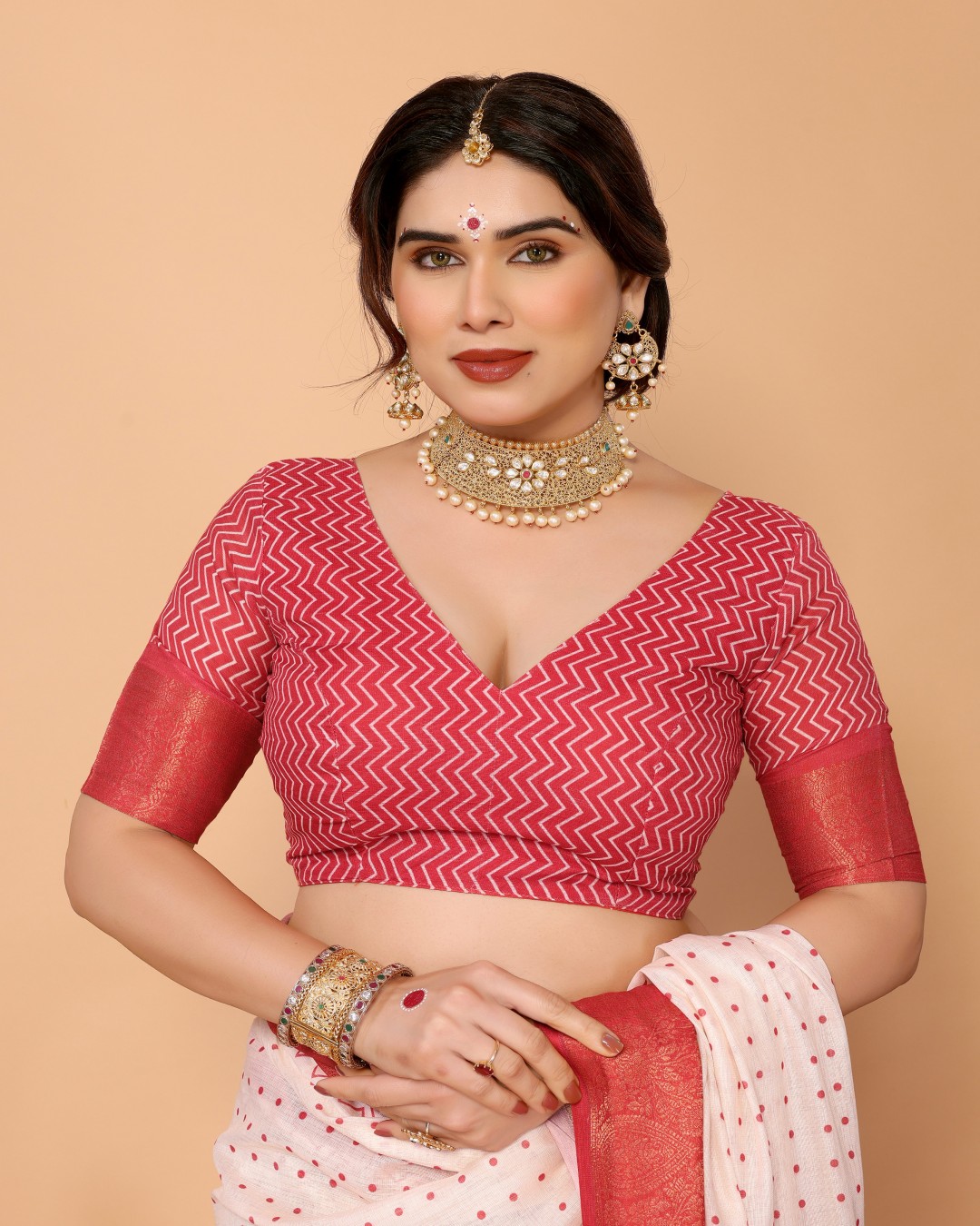 Polka Handloom Linen Saree with Durga Face Digital Print & Zari Border – Festive Special ( Pack  of 1)