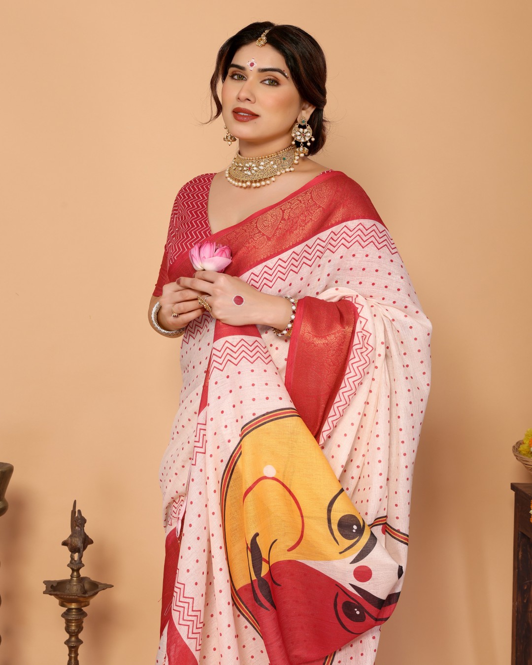 Polka Handloom Linen Saree with Durga Face Digital Print & Zari Border – Festive Special ( Pack  of 1)