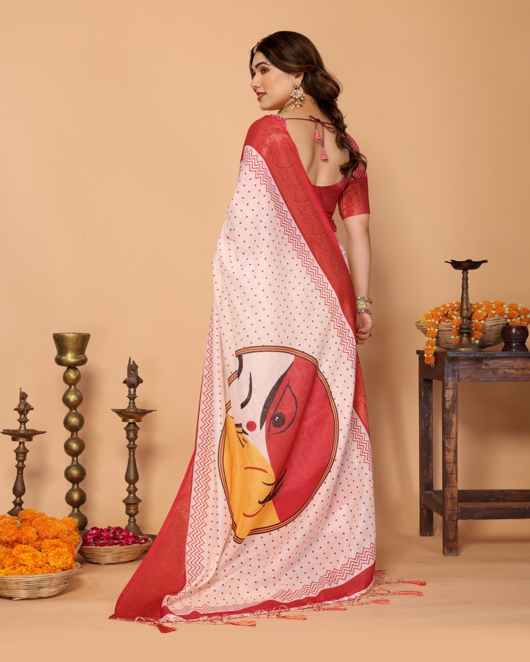 Polka Handloom Linen Saree with Durga Face Digital Print & Zari Border – Festive Special ( Pack  of 1)