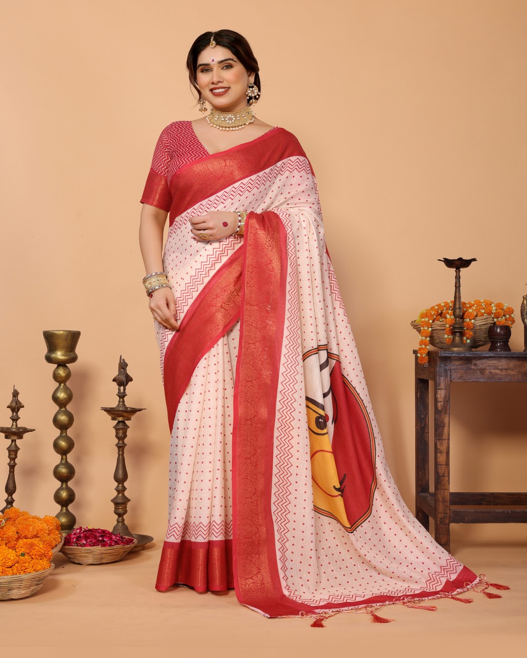 Polka Handloom Linen Saree with Durga Face Digital Print & Zari Border – Festive Special ( Pack  of 1)