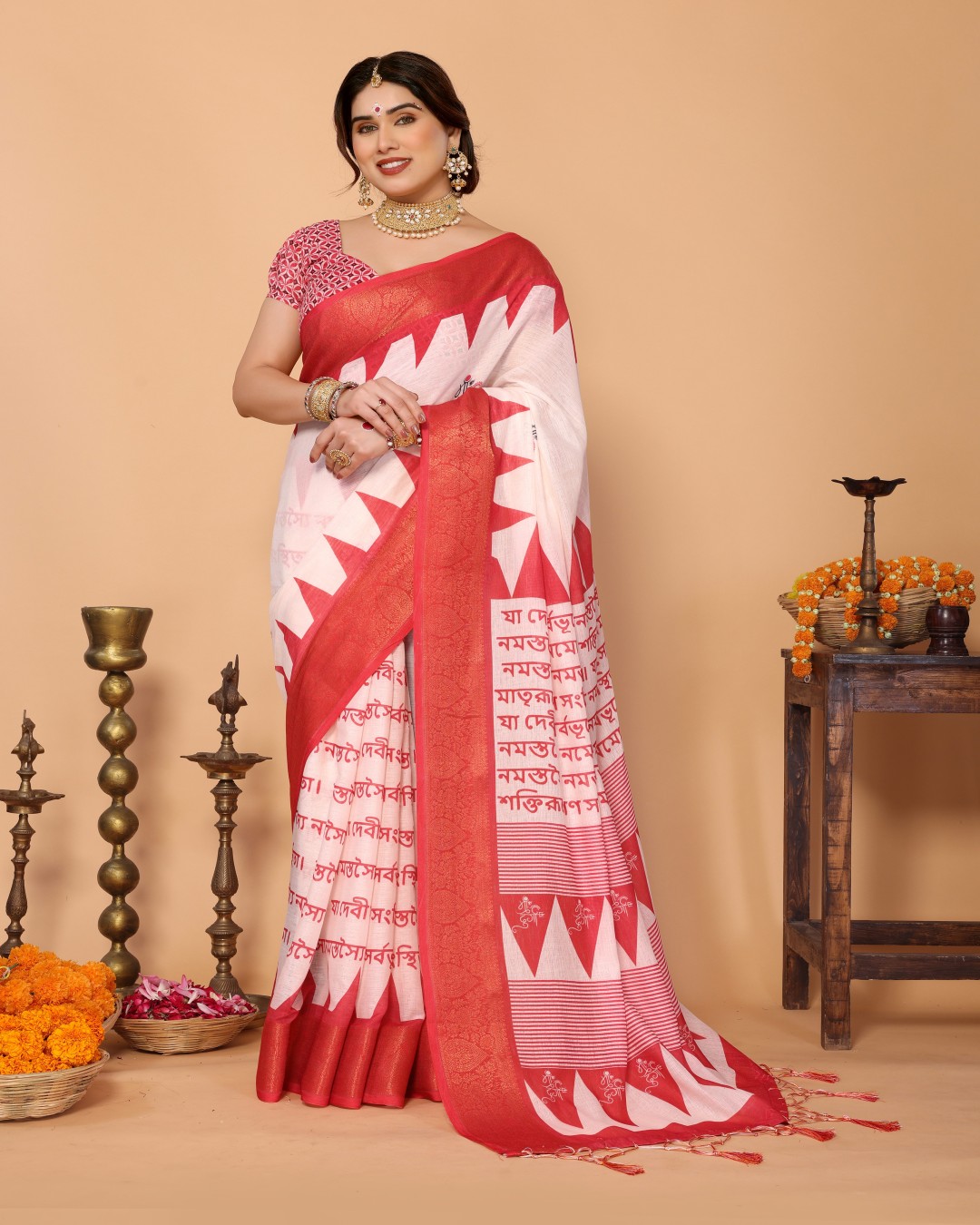 Handloom Linen Saree with Durga Shloka Print and Zari Border | Festive Pallu with Tassels (Pack of 1)