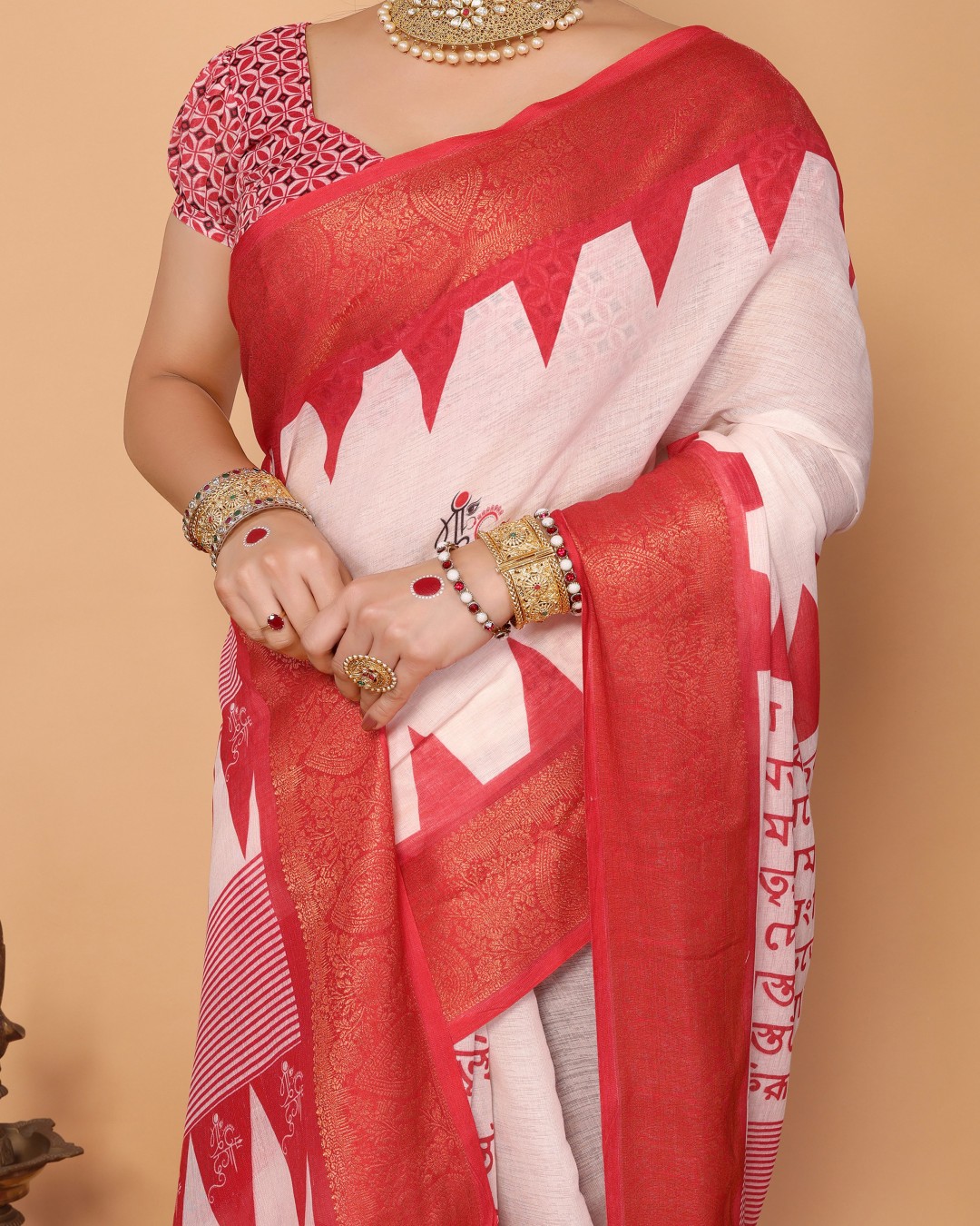 Handloom Linen Saree with Durga Shloka Print and Zari Border | Festive Pallu with Tassels (Pack of 1)