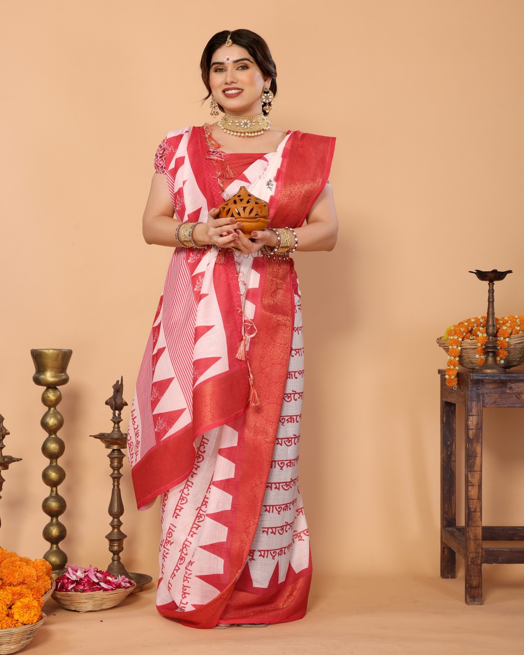 Handloom Linen Saree with Durga Shloka Print and Zari Border | Festive Pallu with Tassels (Pack of 1)