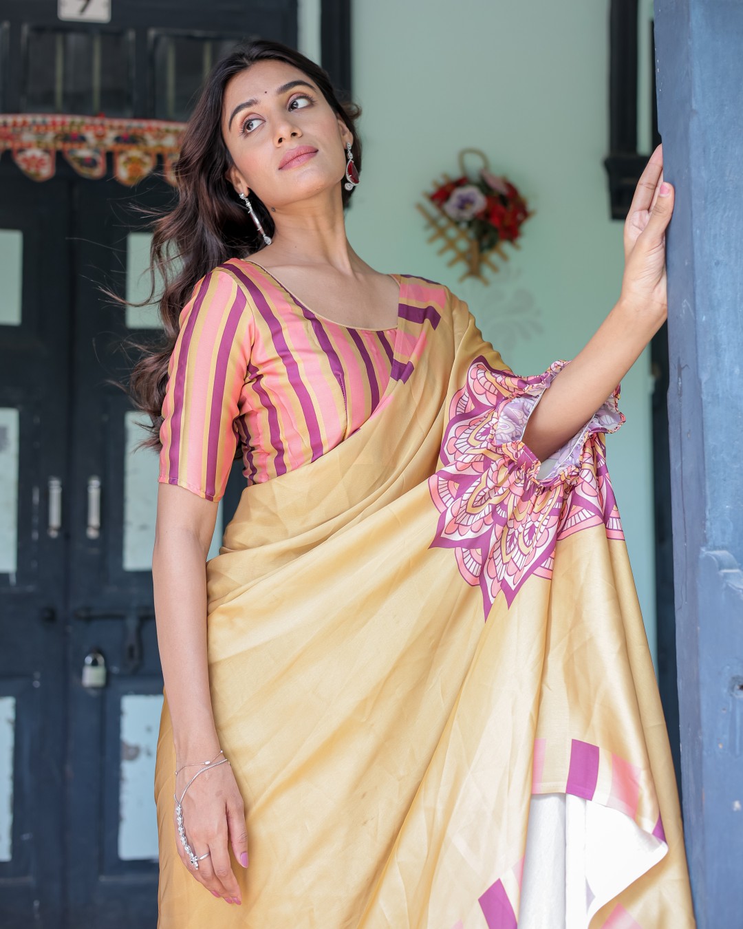 Freehand Designer Saree with Pink Mandala Motif & Striped Blouse | Satin Georgette | Handsfree Pallu (Pack of 1)