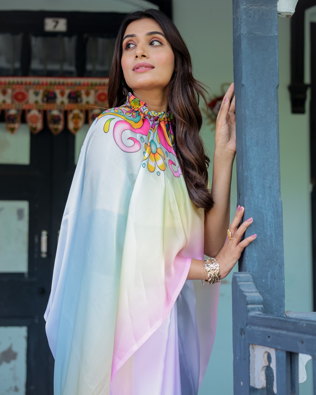 Freehand Saree with Multicolor Art Pallu & Yellow Blouse | Satin Georgette | Handsfree Draping Feature (Pack of 1)