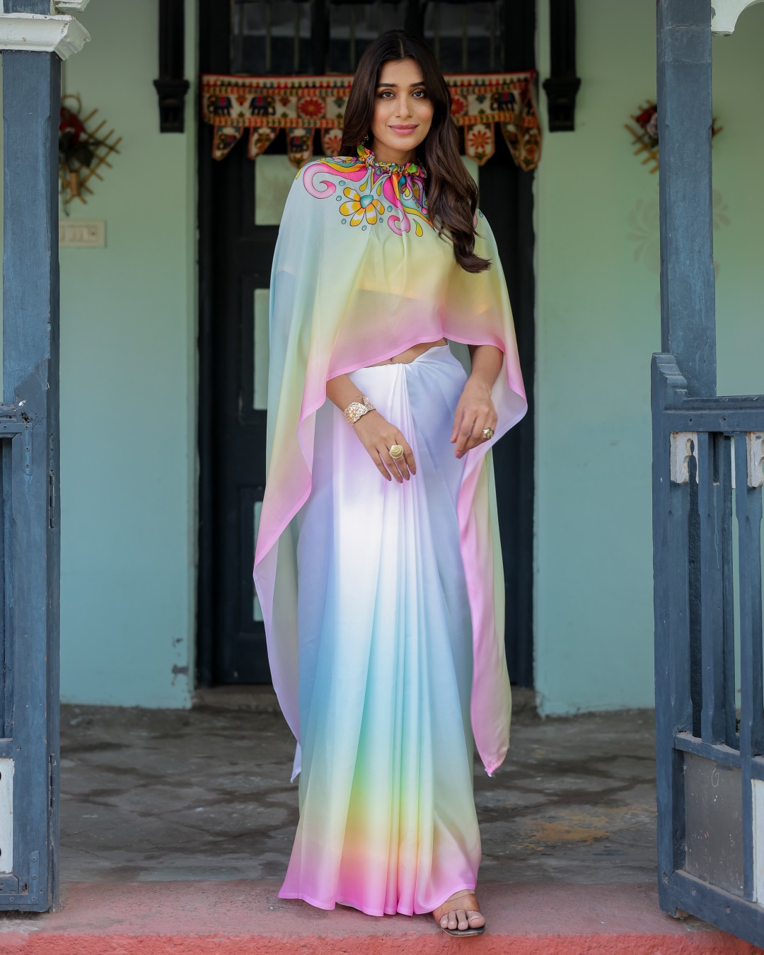 Freehand Saree with Multicolor Art Pallu & Yellow Blouse | Satin Georgette | Handsfree Draping Feature (Pack of 1)