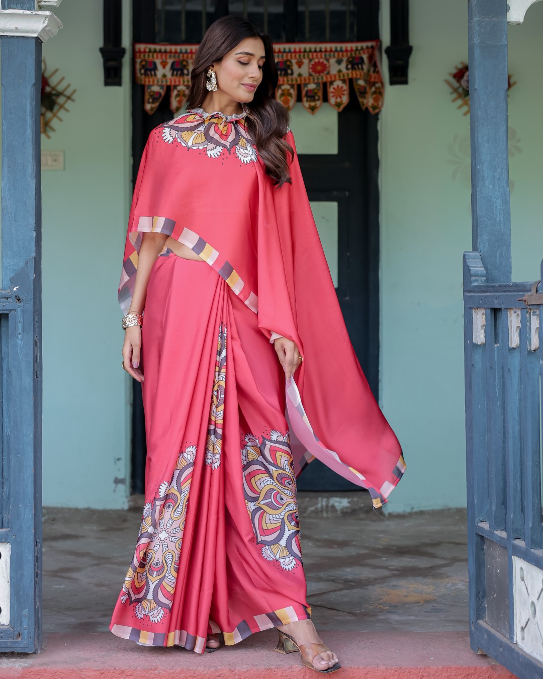 Designer Saree with White Striped Border & Mandala Art | Satin Georgette | Handsfree Pallu | Matching Blouse (Pack of 1)