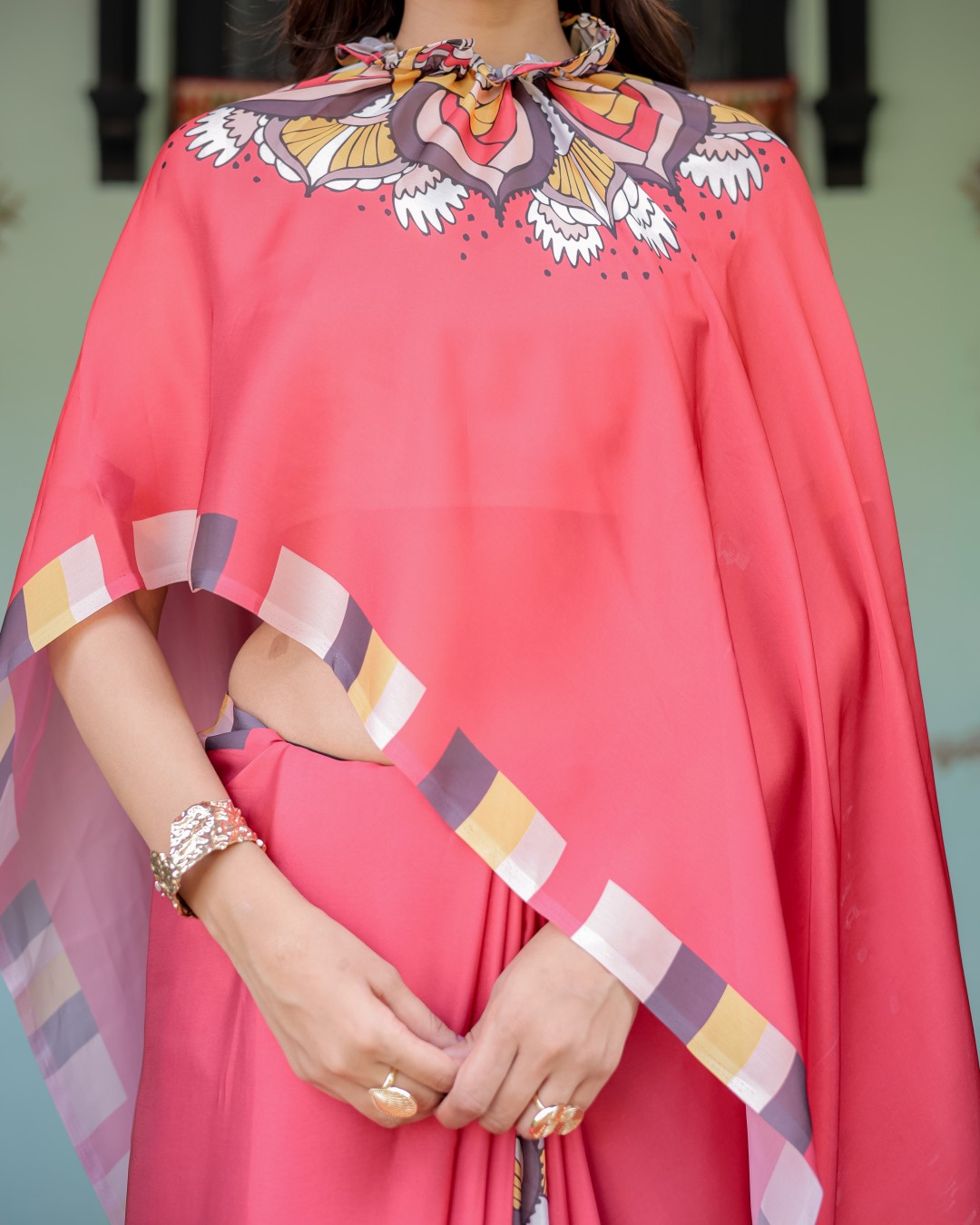 Designer Saree with White Striped Border & Mandala Art | Satin Georgette | Handsfree Pallu | Matching Blouse (Pack of 1)