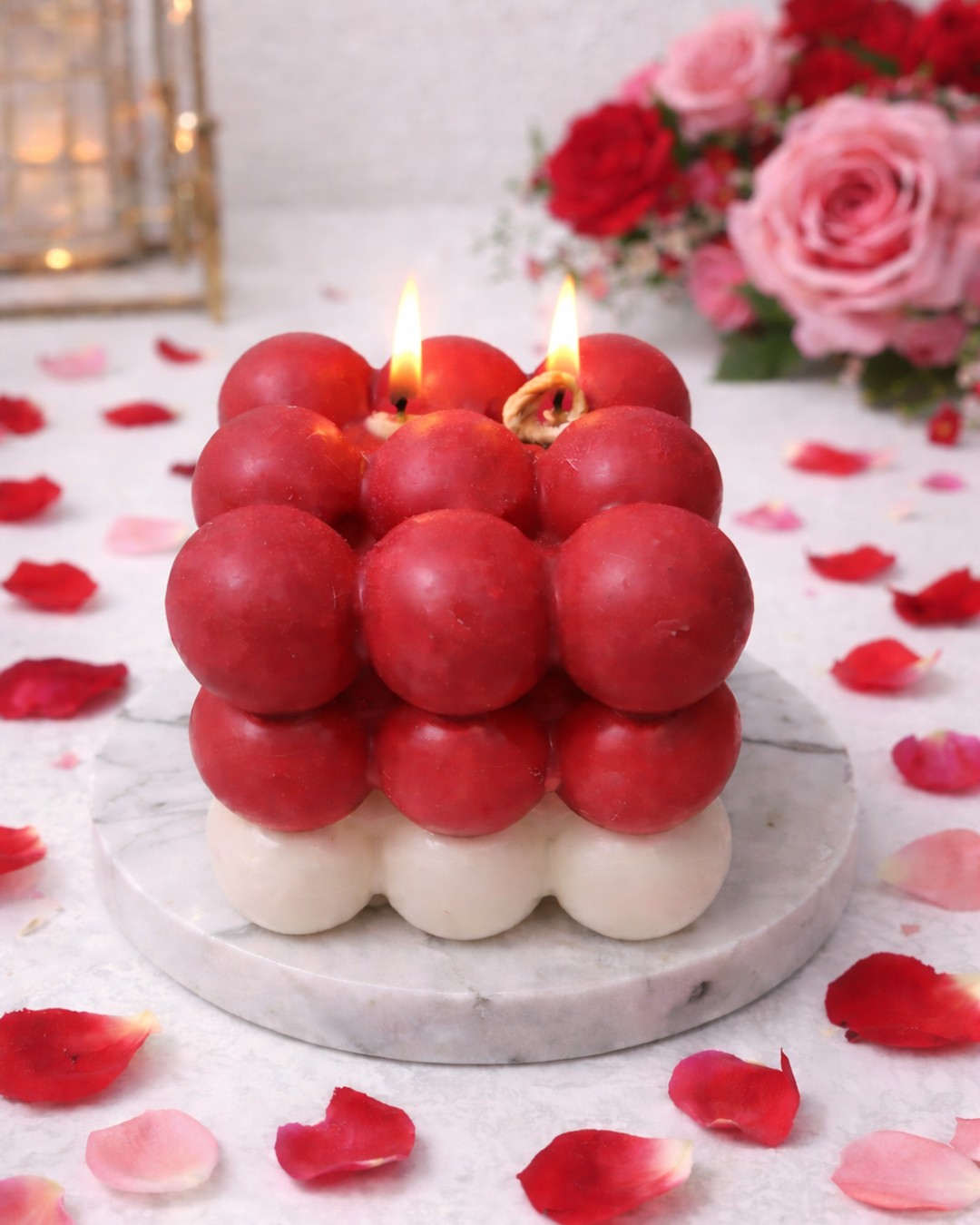 Crimson & Cream Dual-Tone Rose Fragrance Bubble Cube Candle (Pack of 1)