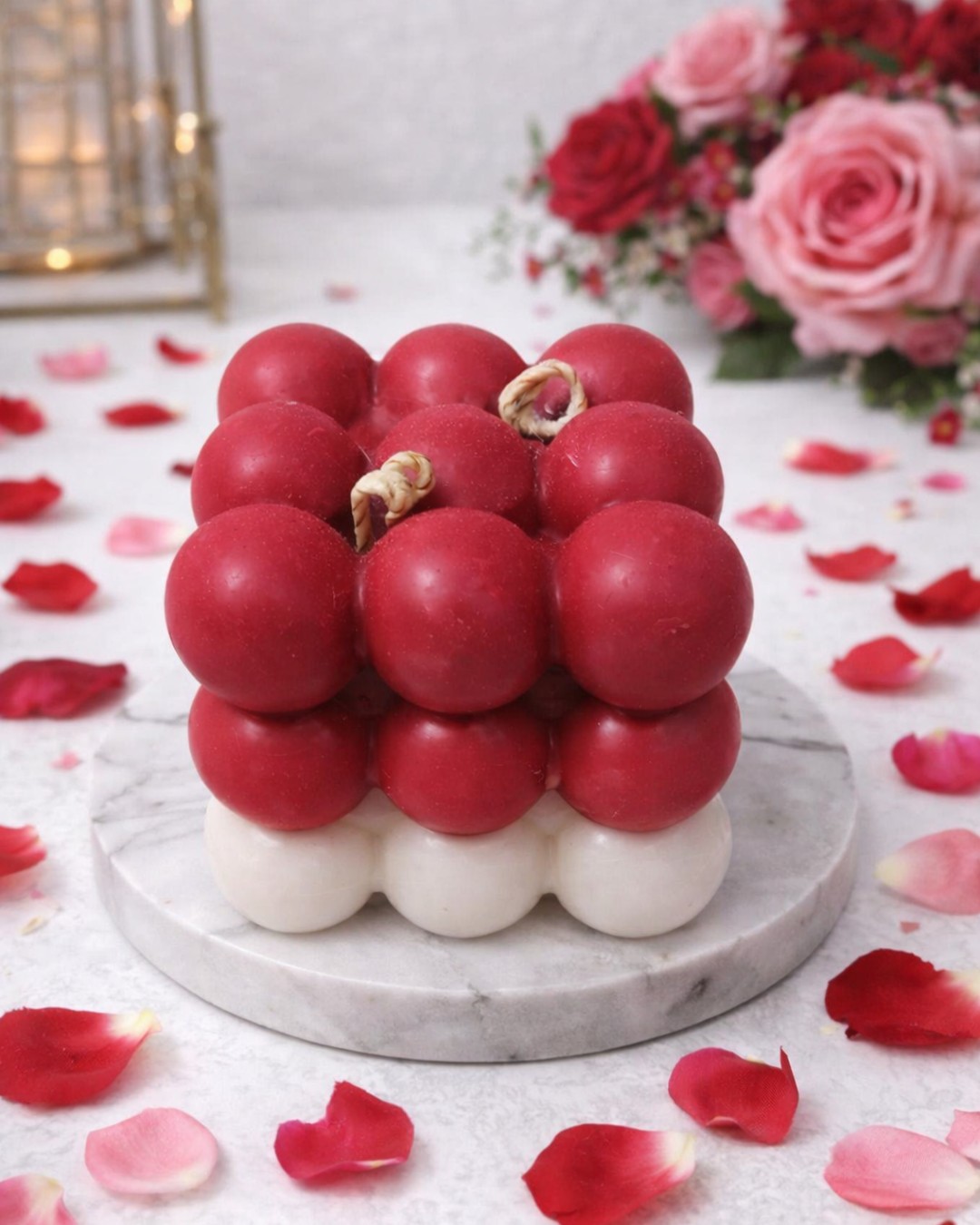 Crimson & Cream Dual-Tone Rose Fragrance Bubble Cube Candle (Pack of 1)