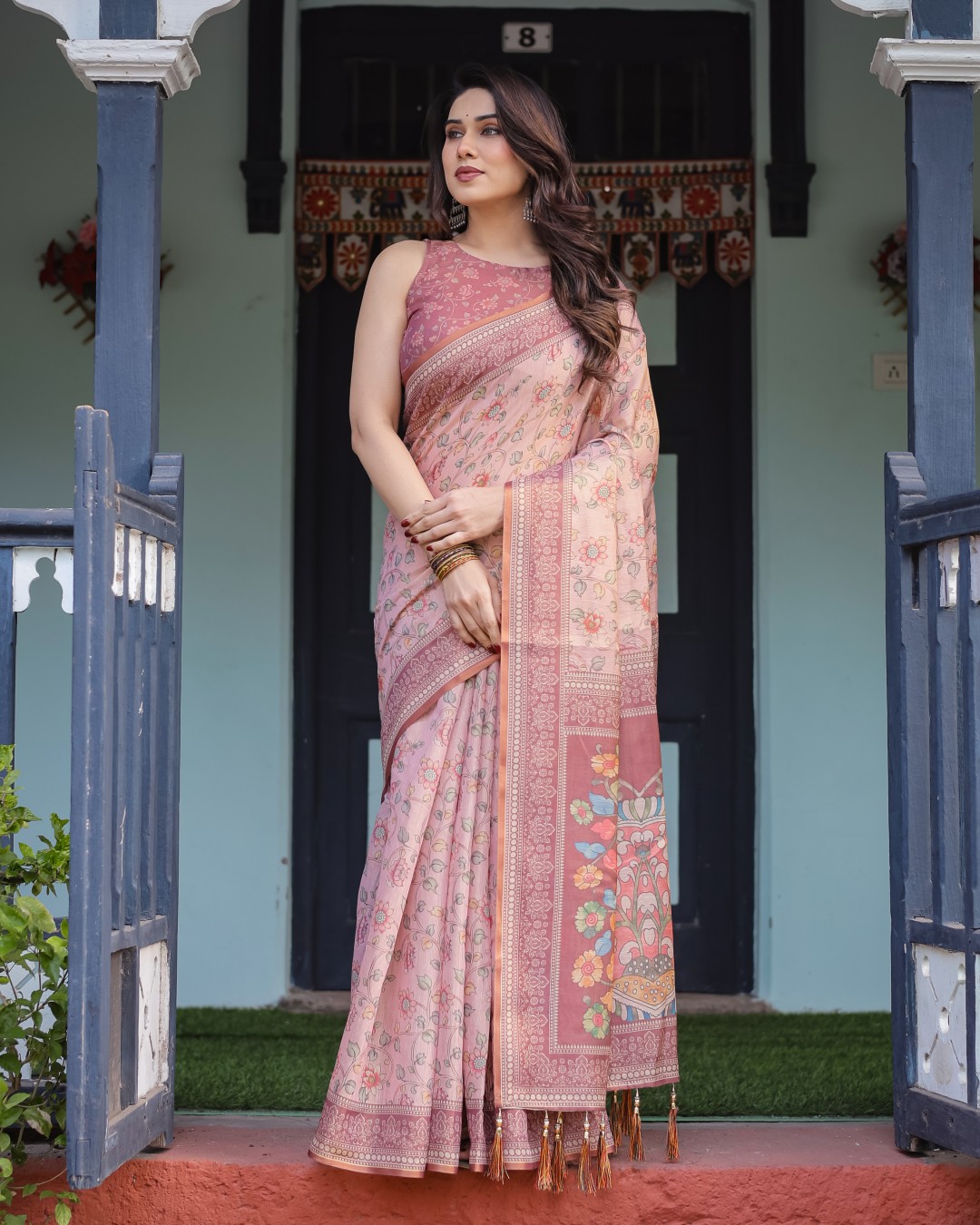 Handloom Cotton Floral Printed Saree with Tassels on Edges & Attached Blouse Piece (Pack of 1)