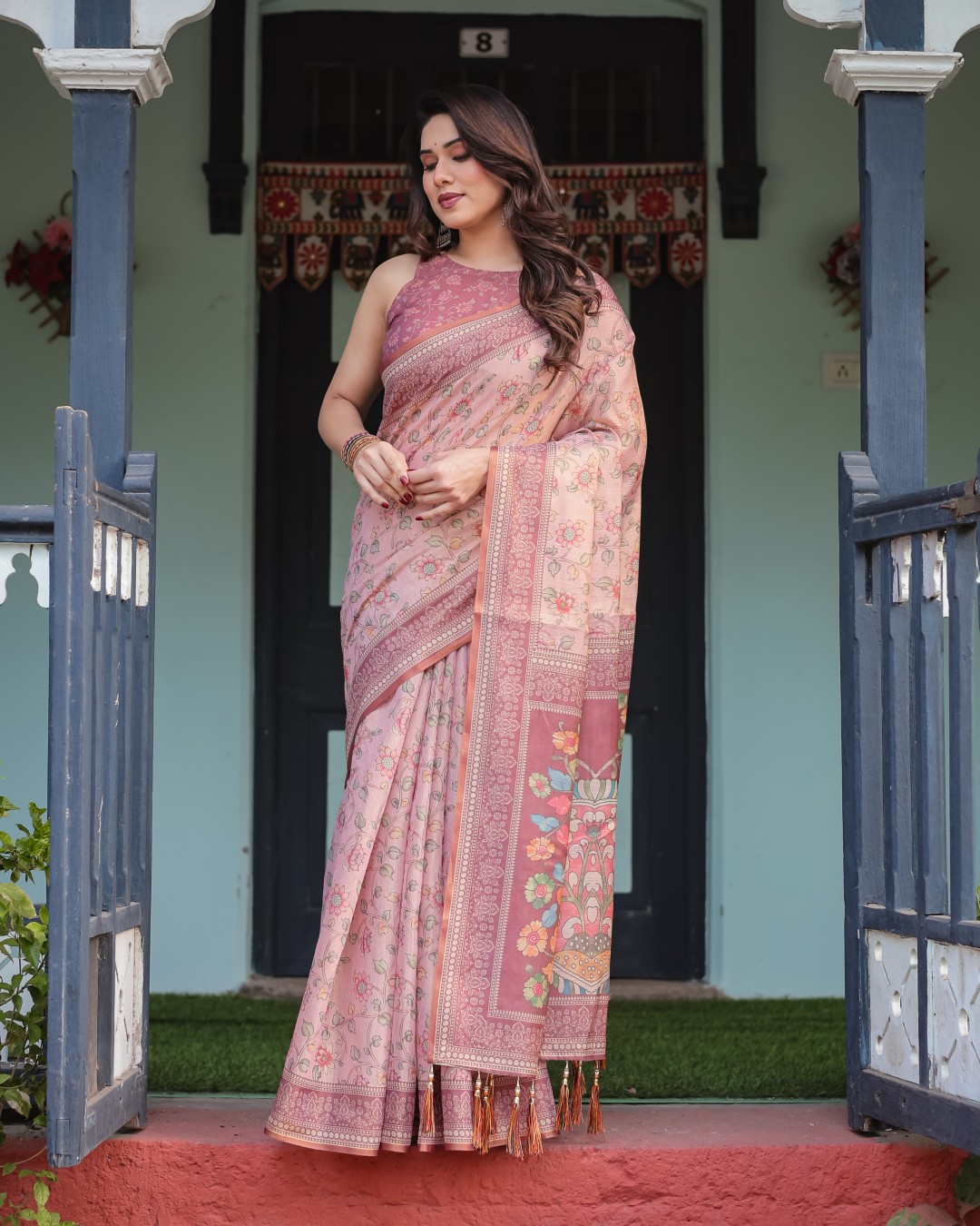 Handloom Cotton Floral Printed Saree with Tassels on Edges & Attached Blouse Piece (Pack of 1)