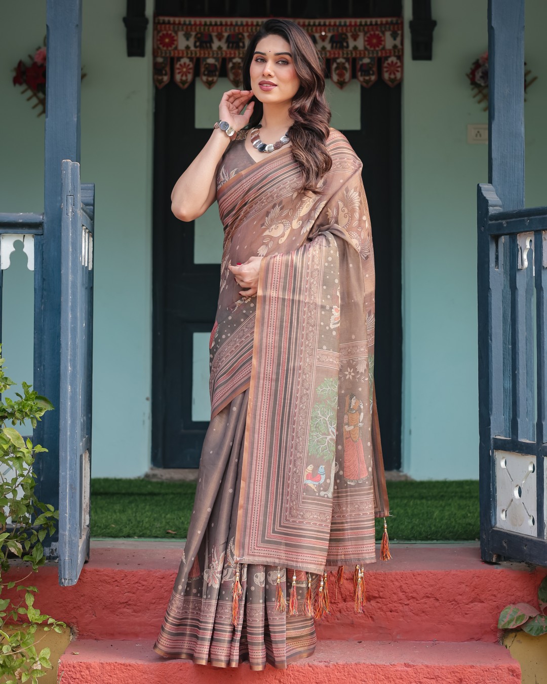 Handloom Cotton-Linen Saree with Golden Zari Weave, Floral Printed Pallu & Tassel Detailing (Pack of 1)