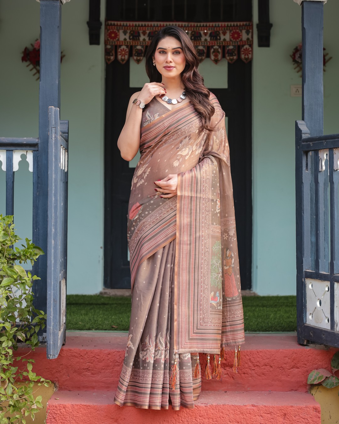Handloom Cotton-Linen Saree with Golden Zari Weave, Floral Printed Pallu & Tassel Detailing (Pack of 1)