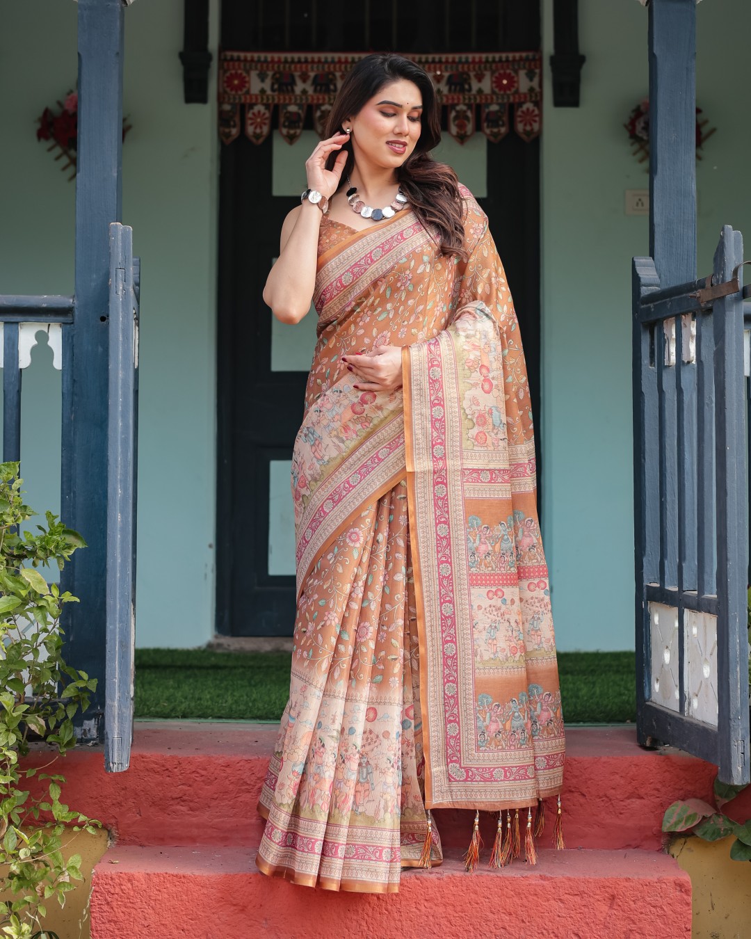 Handloom Cotton-Linen Saree with Golden Zari Weave, Floral Printed Pallu & Tassel Detailing (Pack of 1)