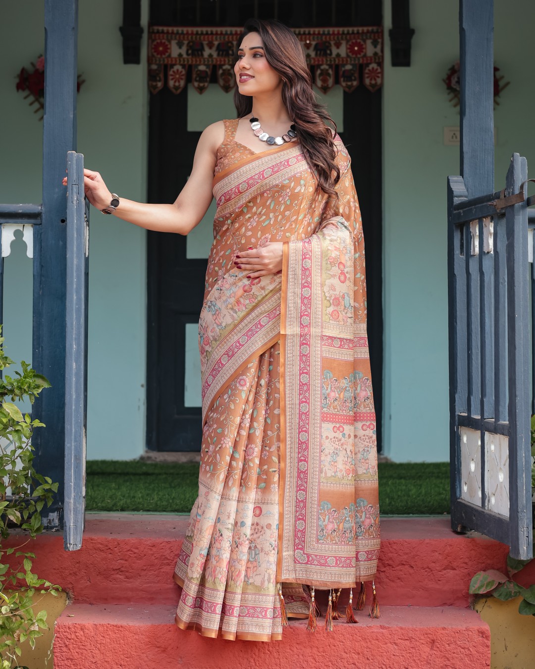 Handloom Cotton-Linen Saree with Golden Zari Weave, Floral Printed Pallu & Tassel Detailing (Pack of 1)