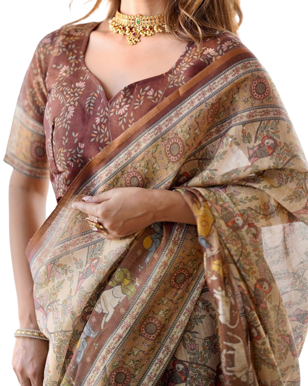 Handloom Cotton Saree with Floral Print, Mythical Border & Tassels(Pack of 1)