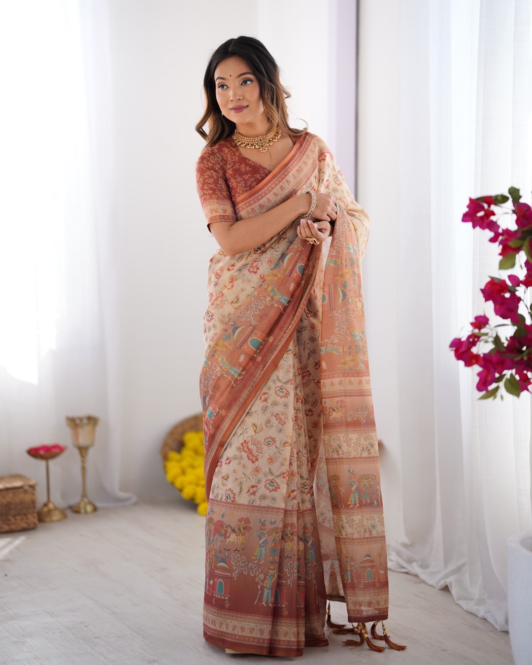 Handloom Cotton Saree with Floral Print, Mythical Border & Tassels(Pack of 1)