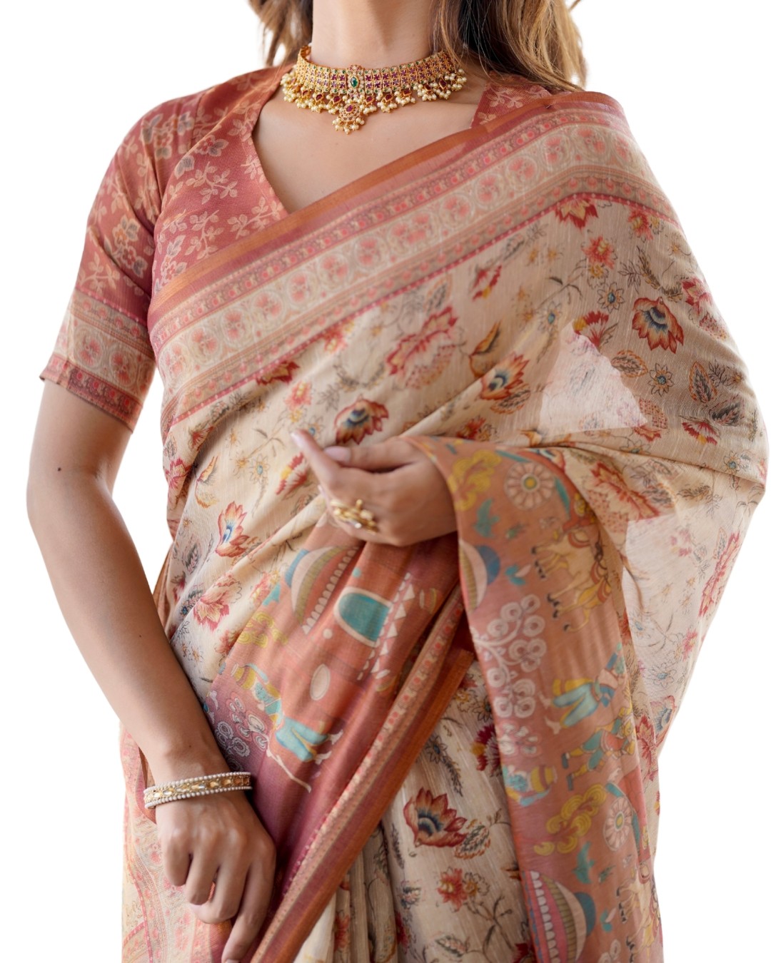Handloom Cotton Saree with Floral Print, Mythical Border & Tassels(Pack of 1)
