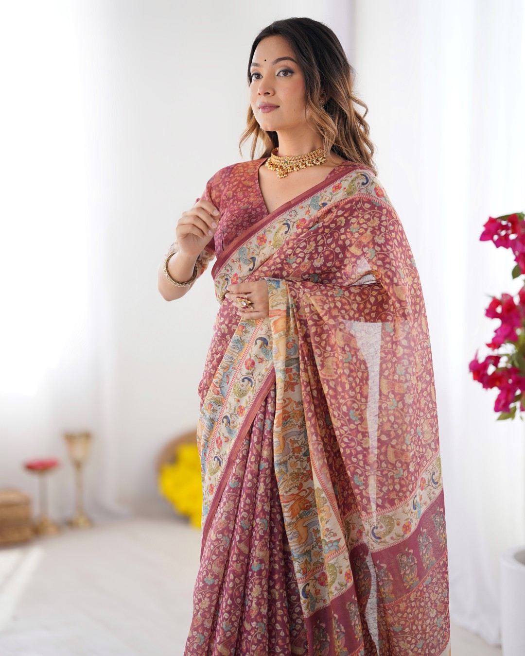 Handloom Cotton Saree with Buti Print, Mandala Motifs & Peacock Pallu (Pack of 1)