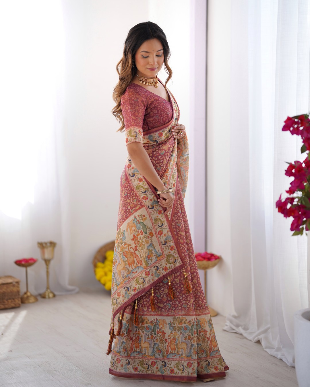 Handloom Cotton Saree with Buti Print, Mandala Motifs & Peacock Pallu (Pack of 1)