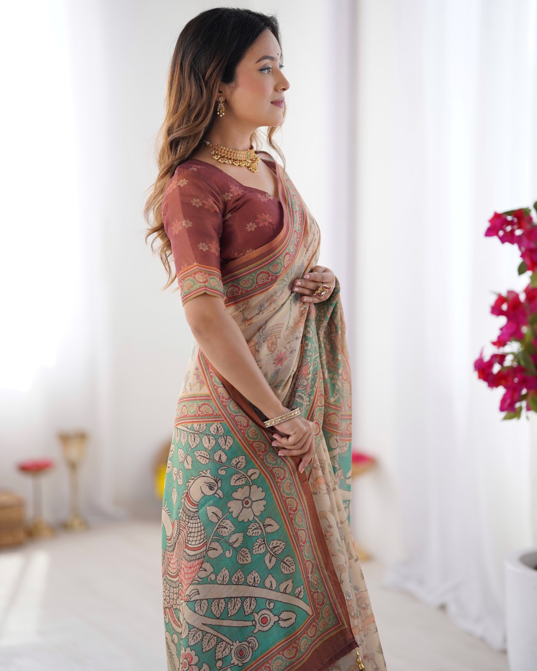 Handloom Cotton Saree with Buti Print, Mandala Motifs & Peacock Pallu (Pack of 1)