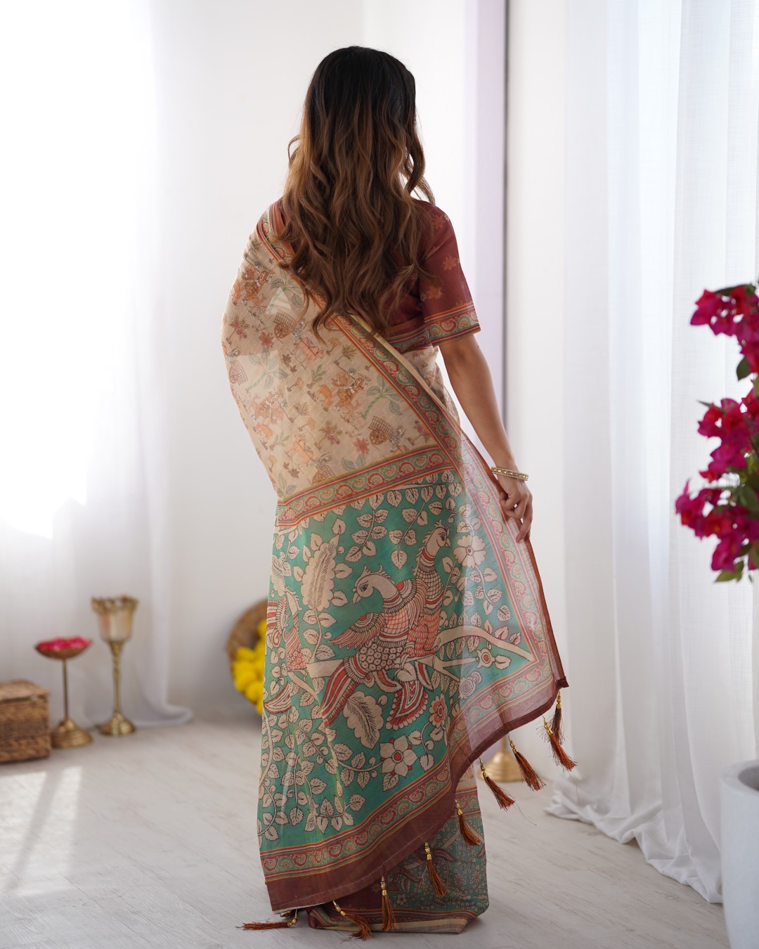 Handloom Cotton Saree with Buti Print, Mandala Motifs & Peacock Pallu (Pack of 1)