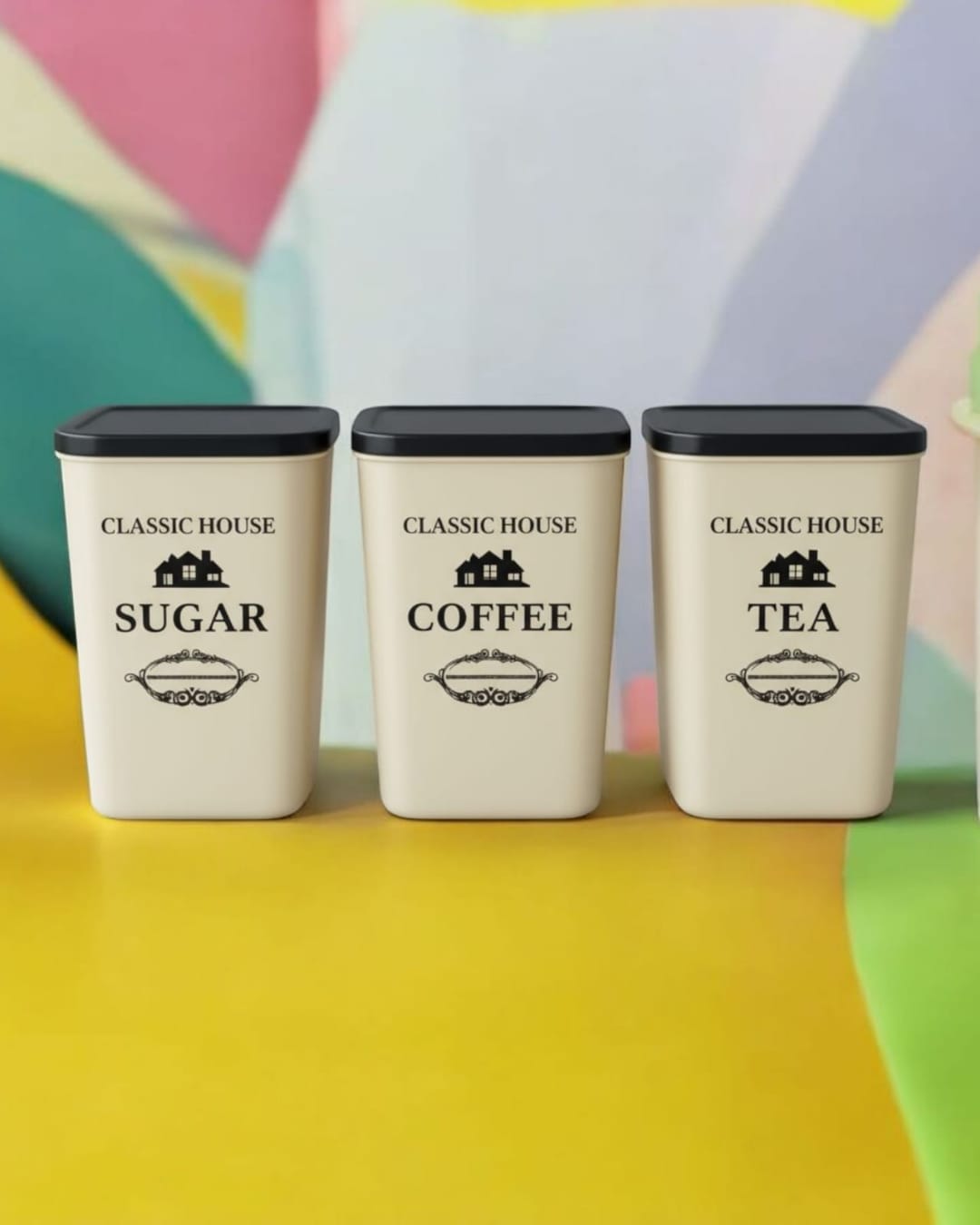 Classic House 3-Piece Kitchen Canister Set for Tea, Coffee, and Sugar (Pack of 3)