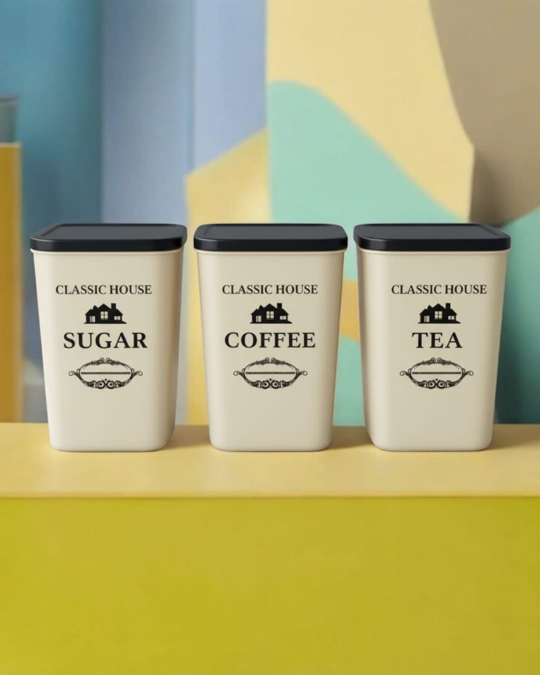Classic House 3-Piece Kitchen Canister Set for Tea, Coffee, and Sugar (Pack of 3)