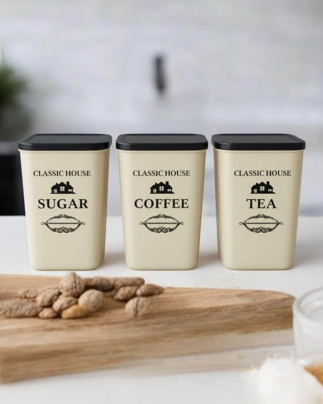 Classic House 3-Piece Kitchen Canister Set for Tea, Coffee, and Sugar (Pack of 3)