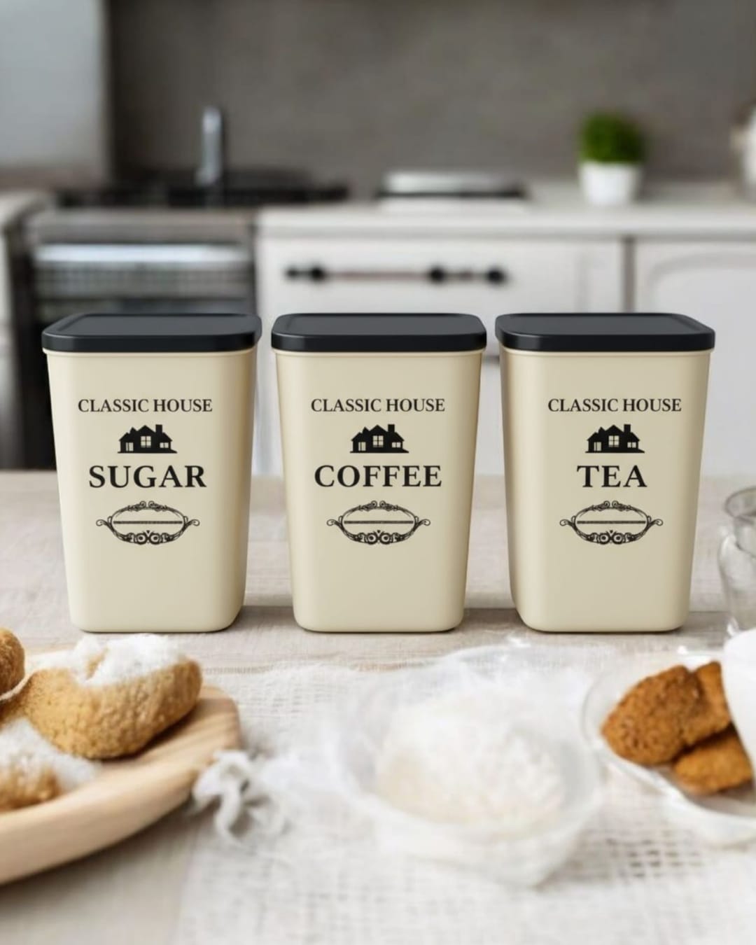 Classic House 3-Piece Kitchen Canister Set for Tea, Coffee, and Sugar (Pack of 3)