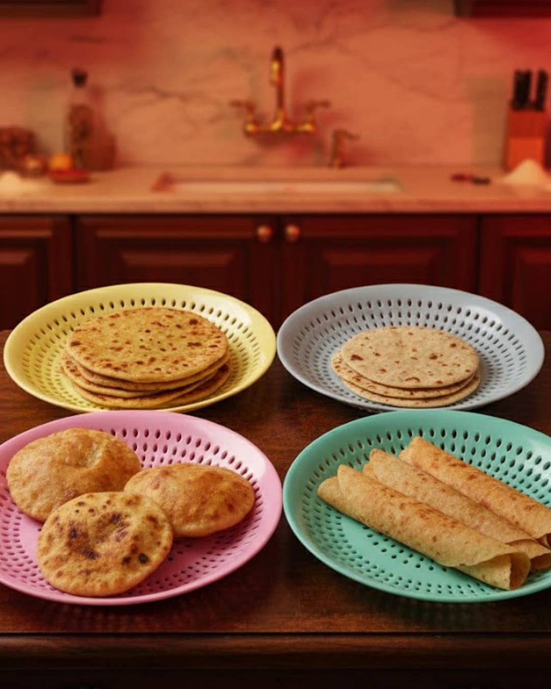 Assorted Indian Flatbread Platter (featuring Aloo Paratha, Roti, and Chapati) (Pack of 4)