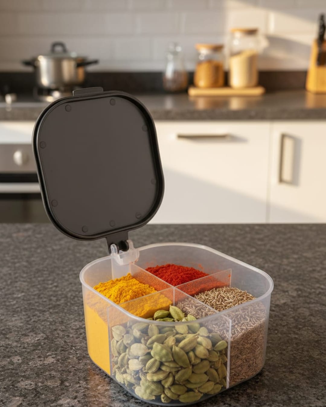 Kitchen Expert Square Masala Box with 4 Compartments  (Pack of 1)