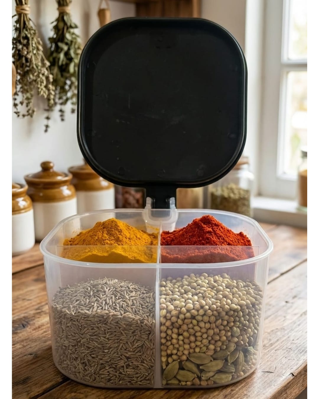 Kitchen Expert Square Masala Box with 4 Compartments  (Pack of 1)