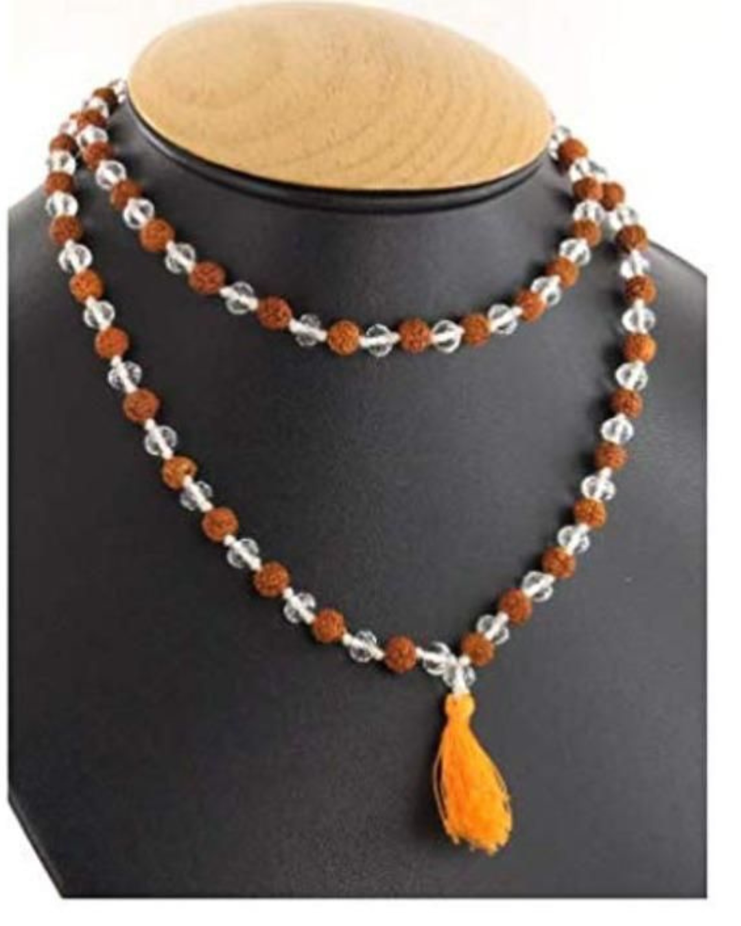 Natural Rudraksha and Sphatik (Clear Quartz) Mala with Orange Tassel – 108+1 Beads for Meditation and Chanting(Pack of 1)
