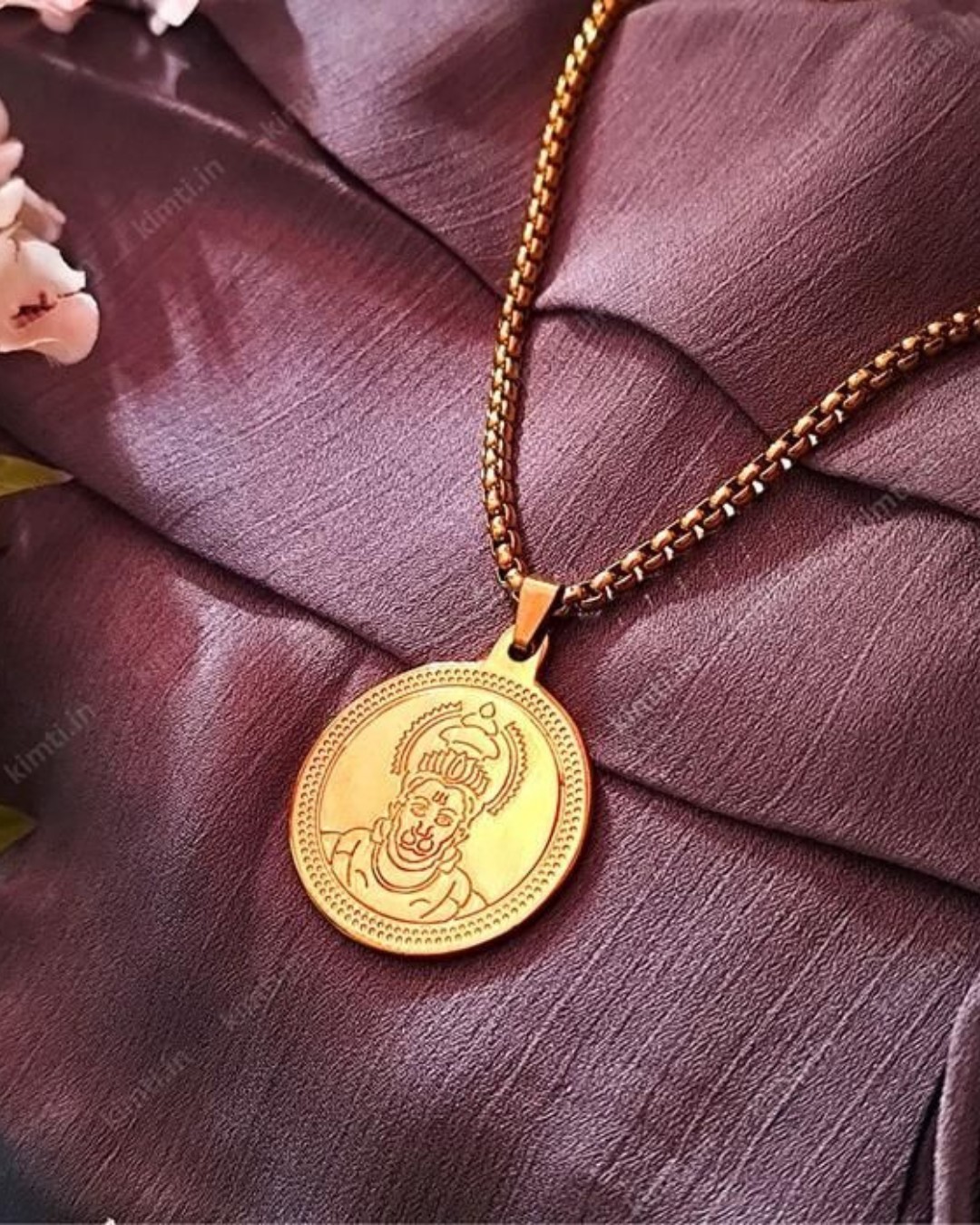 Lord Hanuman Engraved Gold-Plated Coin Pendant with Box Chain(Pack of 1)