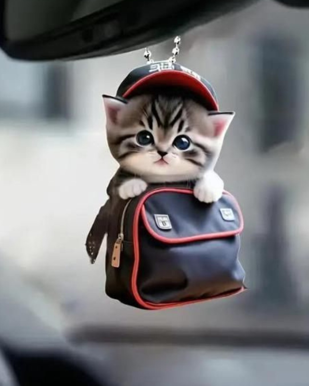 Adorable Kitten Car Hanging Ornament – Tiny Tabby Cat with Backpack & Cap Rearview Mirror Decor(Pack of 1)