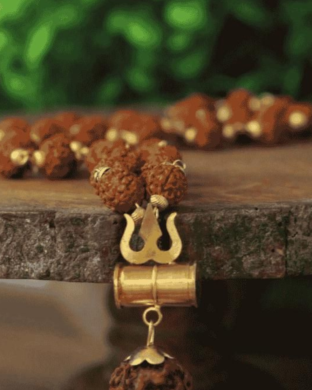 Authentic Rudraksha Mala with Gold-Plated Shiva Trishul & Damru Pendant – Spiritual Mahadev Necklace(Pack of 1)