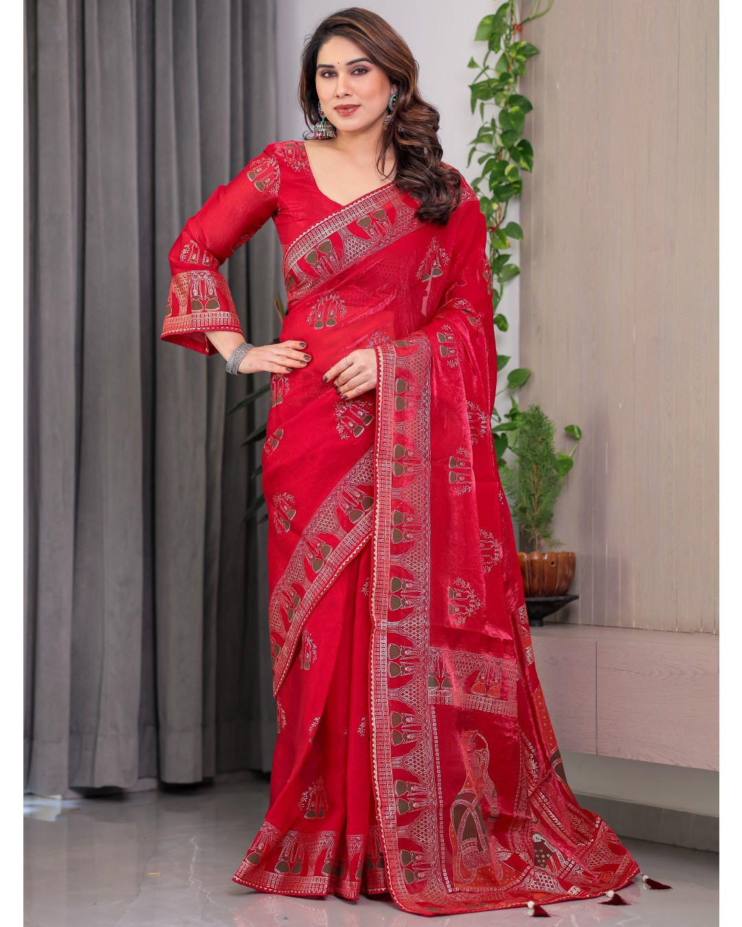 Women's Fendi Satin Silk Block & Foil Print Saree with Traditional Motif Border & Tassel Detail Blouse (Pack of 1)